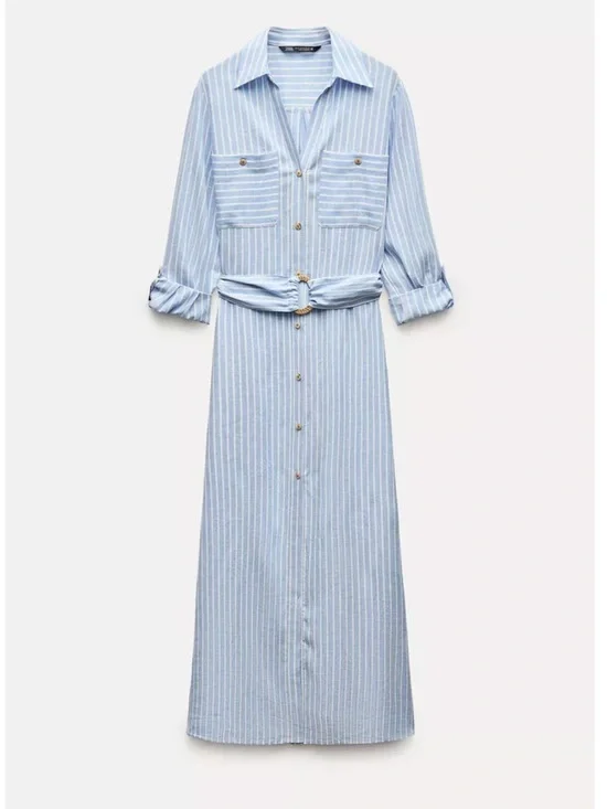 Zara Light Blue and White Striped Linen Blend Midi Shirt Dress - Picture 3 of 7
